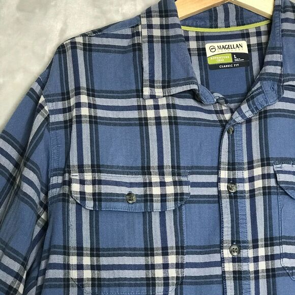 Magellan Outdoors Shirt Mens Large Blue Plaid Classic Fit Adventure Gear Stretch - Picture 4 of 10